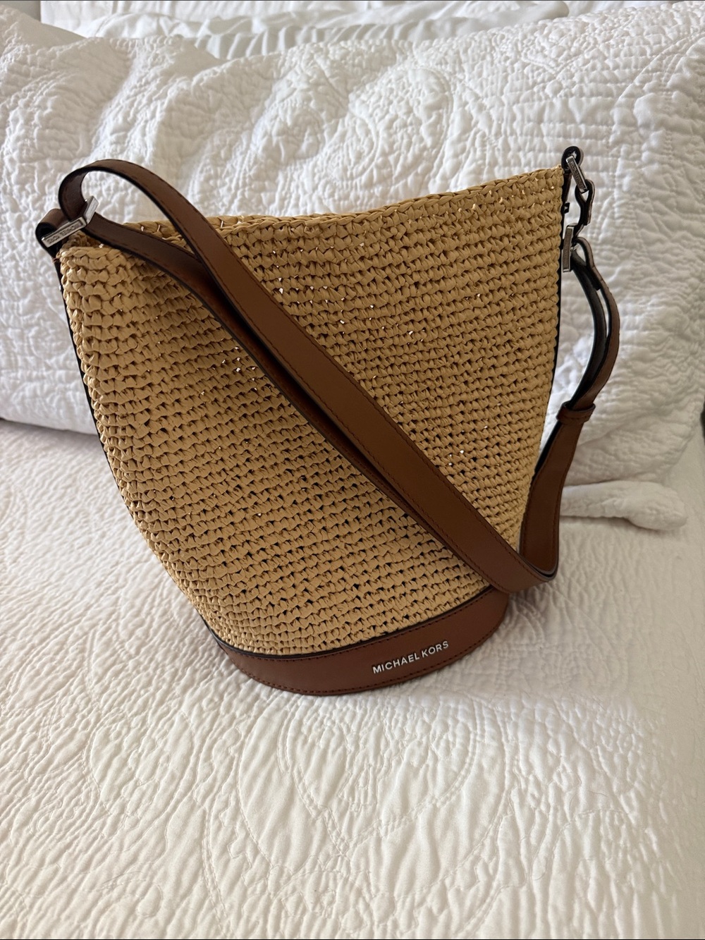Michael Kors Natural Straw Bucket Shoulder Bag with Brown Leather Trim